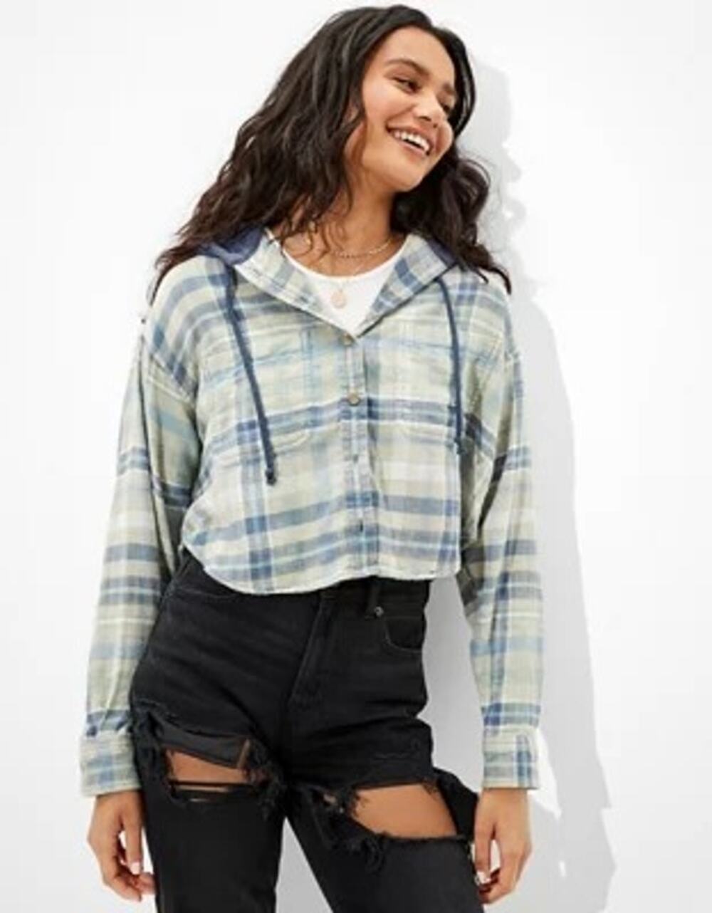 American Eagle Womens Cropped Hooded Flannel Shirt Blue Green Plaid Button Up M